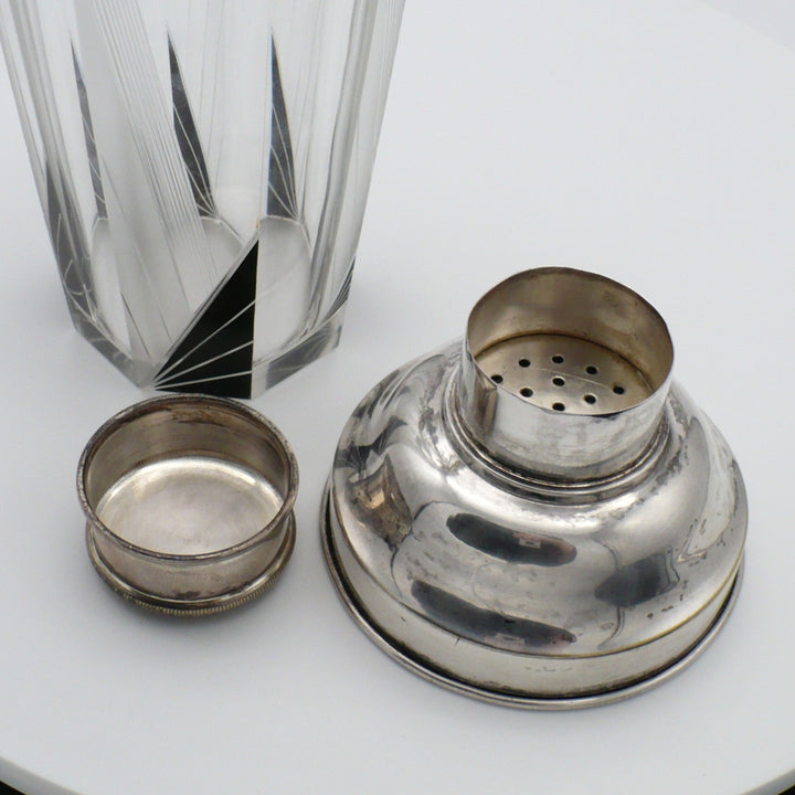 A vintage 1930s Karl Palda Art Deco Crystal Cocktail Shaker built-in strainer lid, and a small cap view 1.