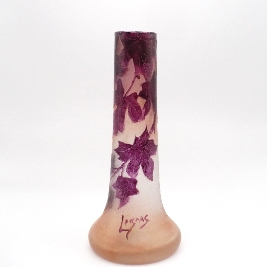 Legras Rubis Series Bud Vase, 1910, Art Nouveau Ivy Enamel Glass, France.