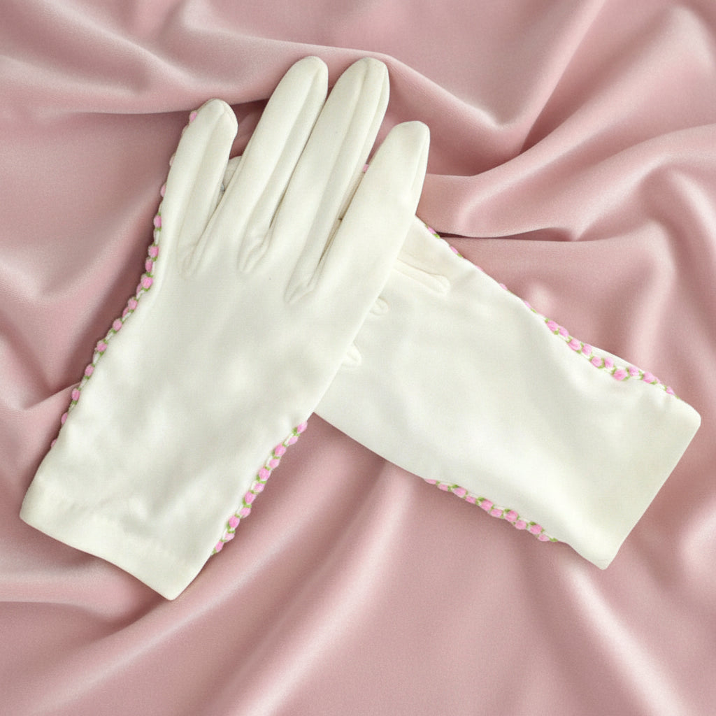 1950s Vintage Girls' Pink Roses Stretch Slip-on Gloves Youth Size 5.