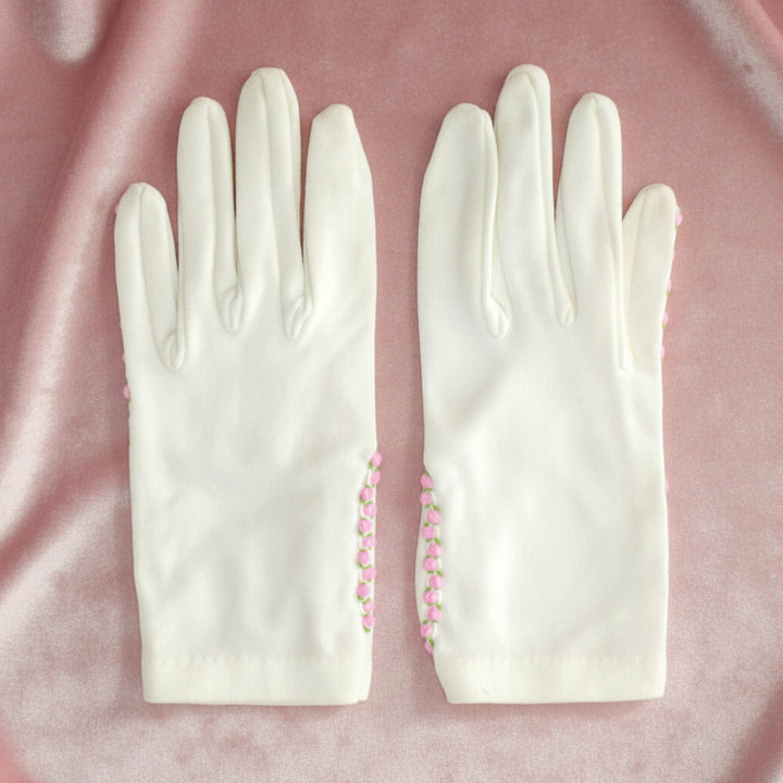 1950s Vintage Girls' Pink Roses Stretch Slip-on Gloves Youth Size 5.