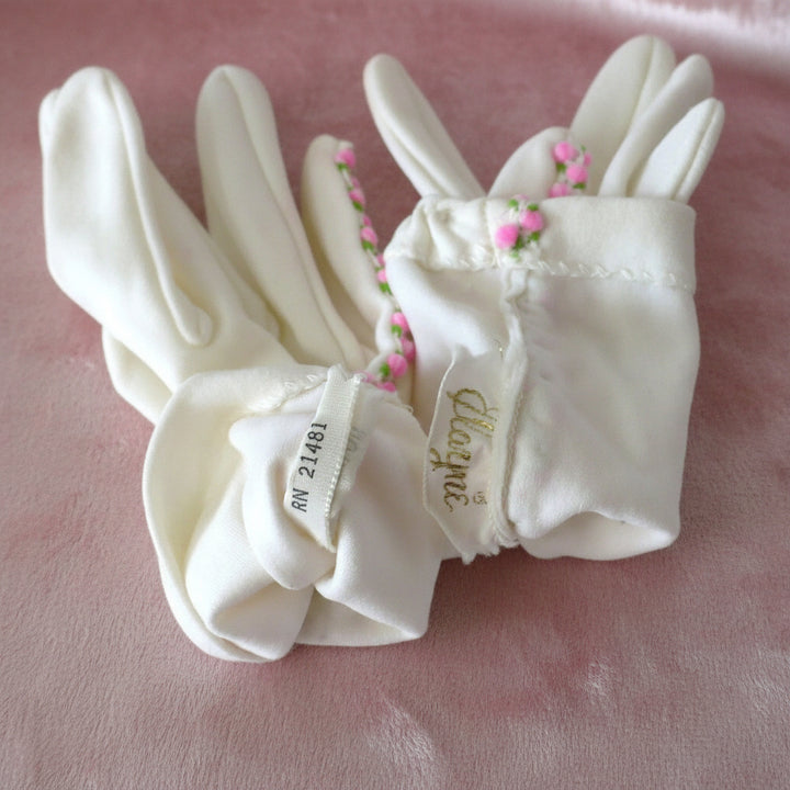 1950s Vintage Girls' Pink Roses Stretch Slip-on Gloves Youth Size 5.
