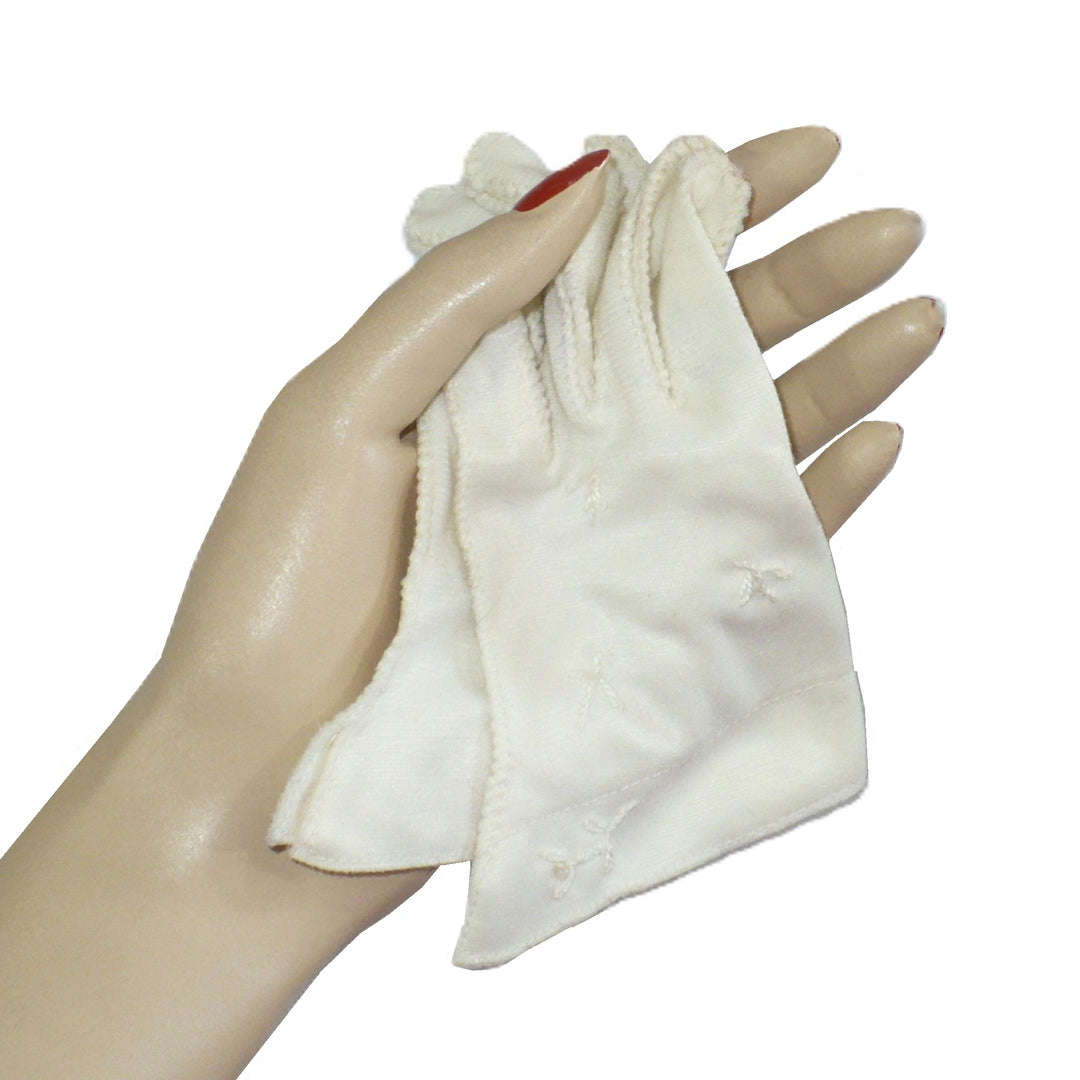 Sz 1  Sweet White Toddler Girl's Gloves Age 1-2 in adult mannequin hand.
