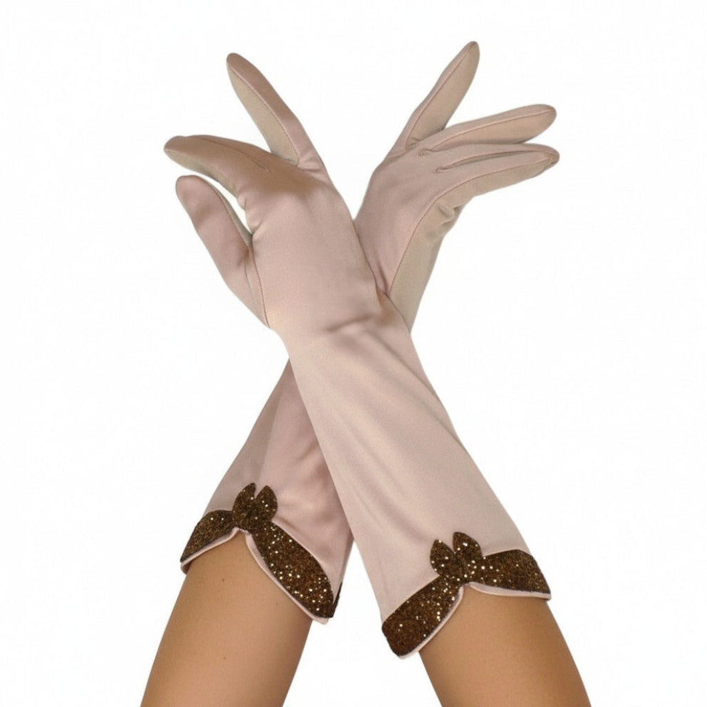 1930s Vintage Rose Satin and Glitter Evening Gloves Size 7-8.