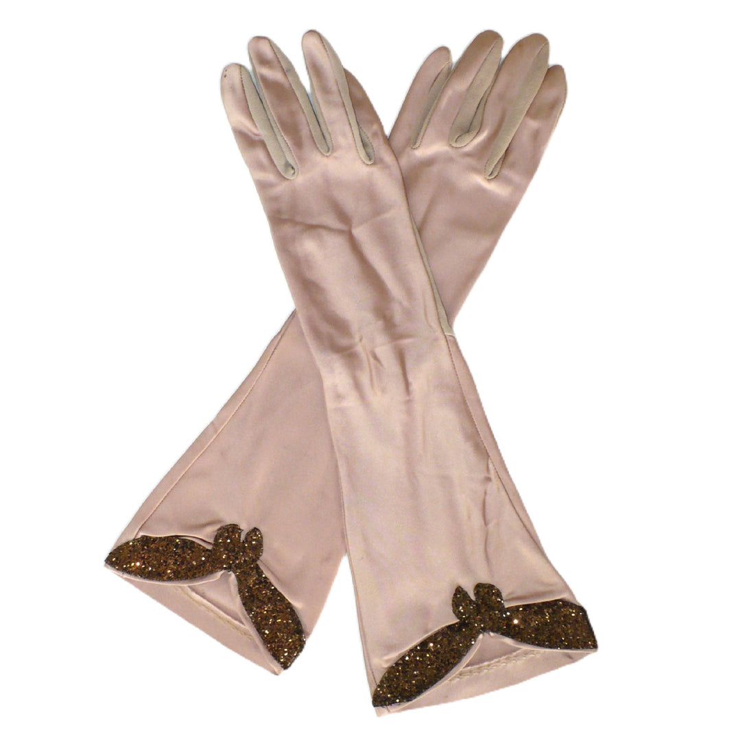 1930s Vintage Rose Satin and Glitter Evening Gloves Size 7-8.