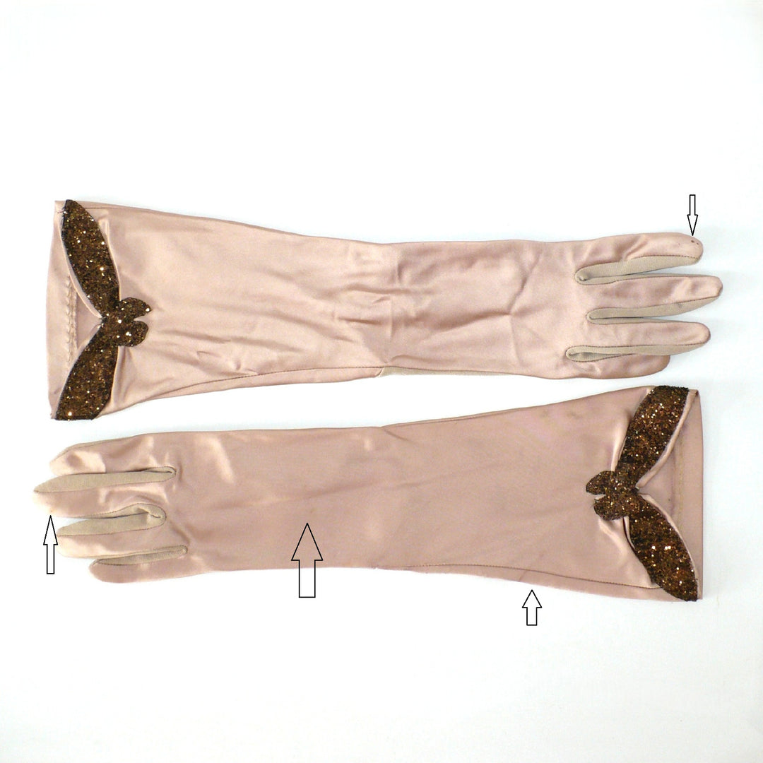 1930s Vintage Rose Satin and Glitter Evening Gloves Size 7-8.