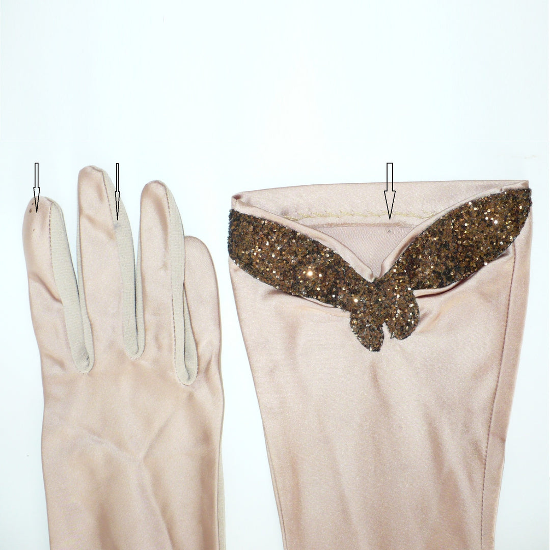 1930s Vintage Rose Satin and Glitter Evening Gloves Size 7-8.