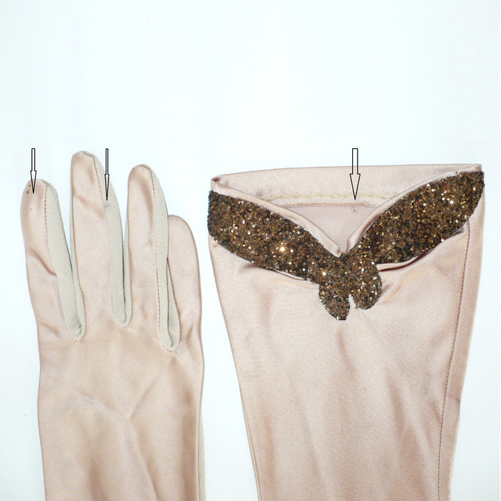 1930s Vintage Rose Satin and Glitter Evening Gloves Size 7-8.