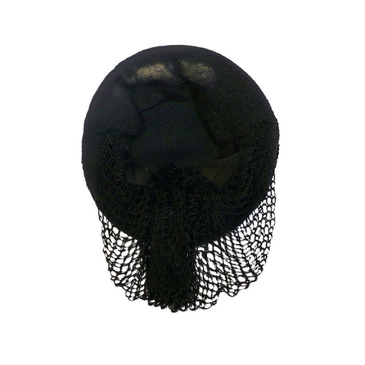 Interior view of the 1930s black gelatin sequined cocktail hat, showing the inner lining, mesh, and underside of the sequins.