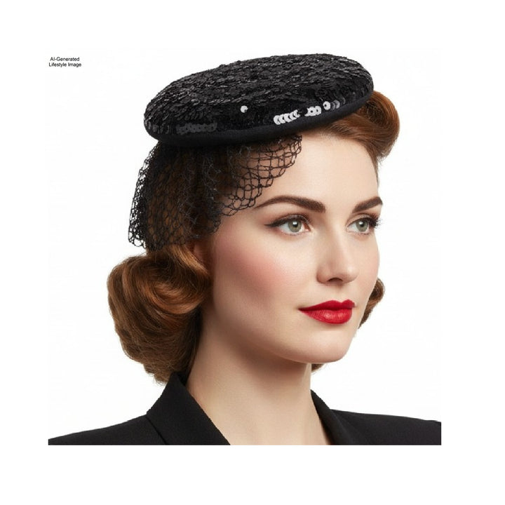 Ai-generated lifestyle image, close-up portrait of a live model wearing the 1930s black gelatin sequined cocktail hat and veil, styled with a period-appropriate vintage hairstyle and red lipstick.