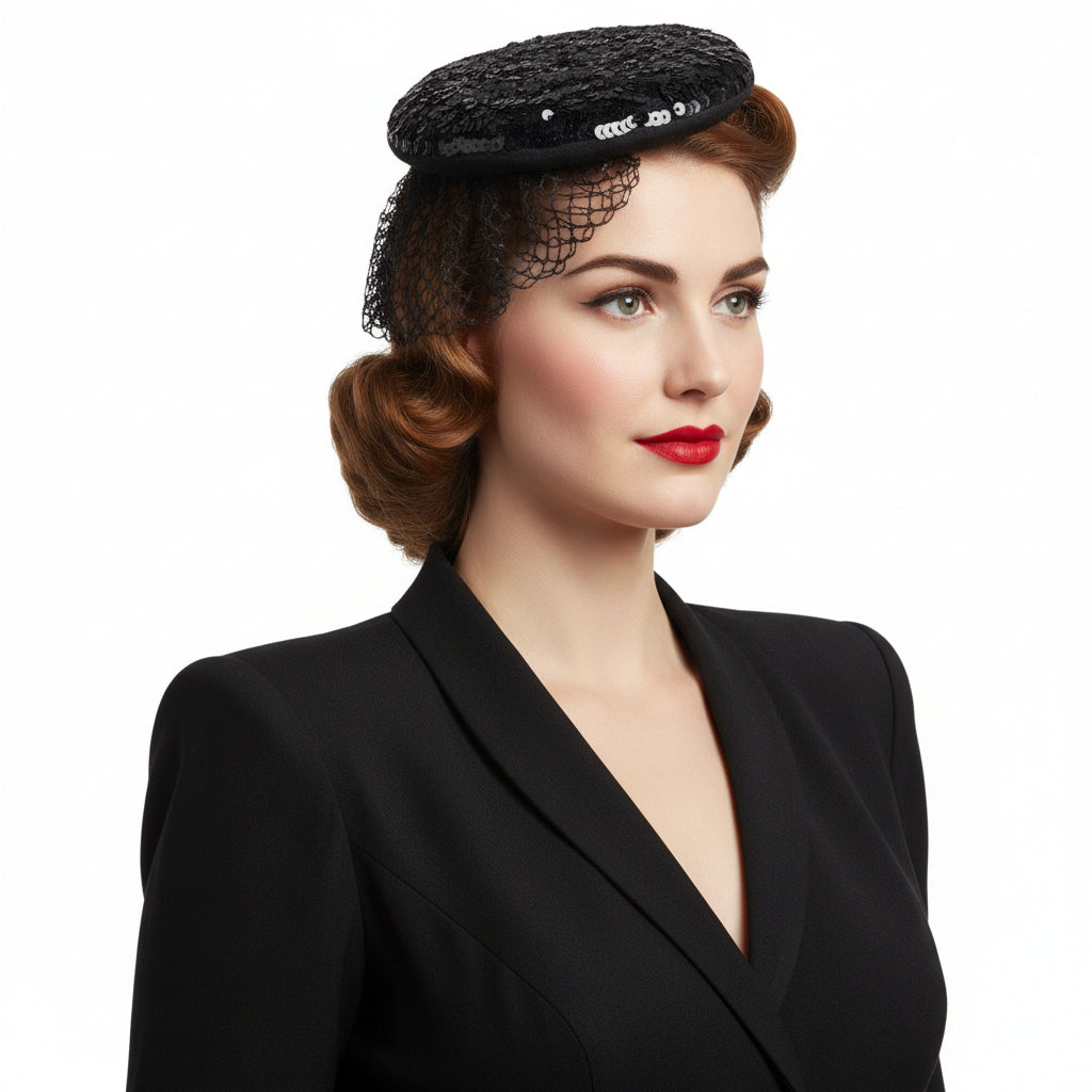 1930s Silver Screen Gelatin Sequins Beret on woman.