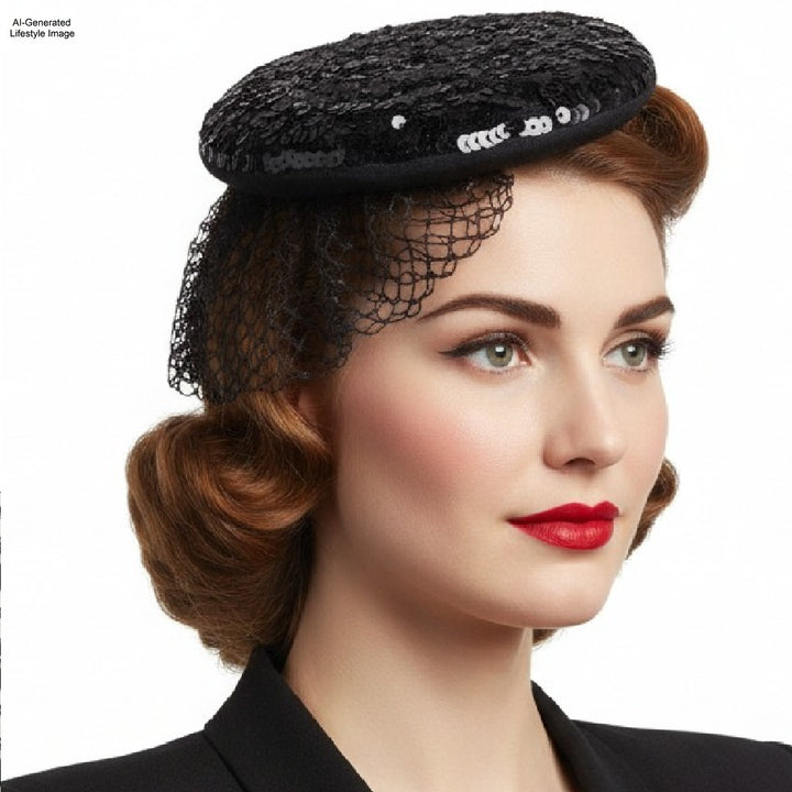 1930s Black Gelatin Sequins Beret Cocktail Hat