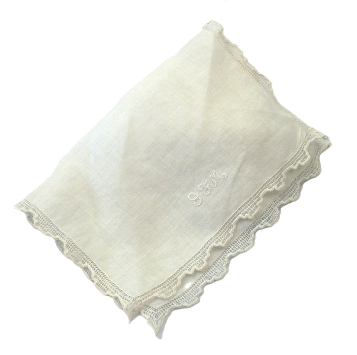 For sale: A rare Victorian white lace baby handkerchief, beautifully monogrammed. Measuring 7" x 5", this delicate piece is a lovely example of vintage craftsmanship, perfect for collectors or as a charming keepsake.