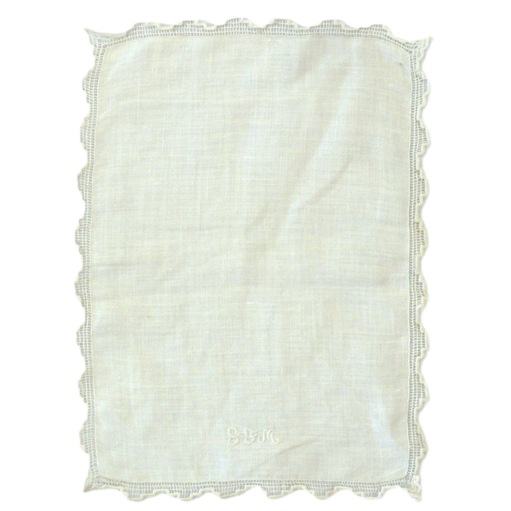 For sale: A rare Victorian white lace baby handkerchief, beautifully monogrammed. Measuring 7" x 5", this delicate piece is a lovely example of vintage craftsmanship, perfect for collectors or as a charming keepsake.
