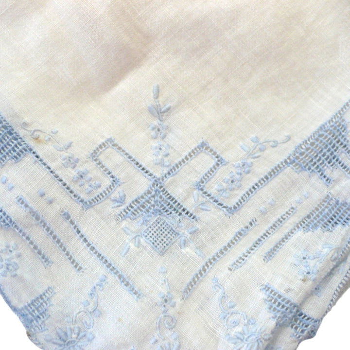 1800s Antique Micro-Embroidery Bluework Hardanger Handkerchief.