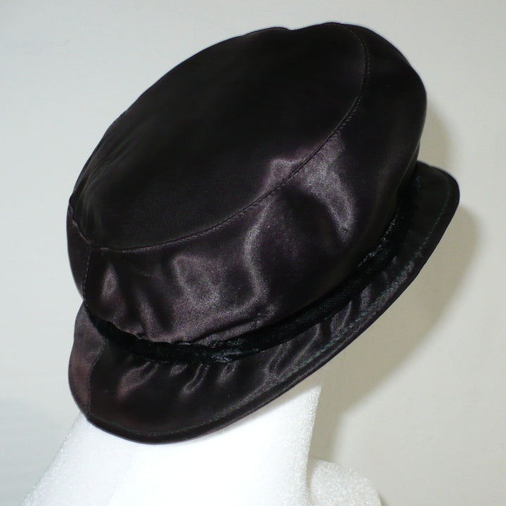 1942 Vintage Wartime Woman Black Satin Gay Newsboy Hat.