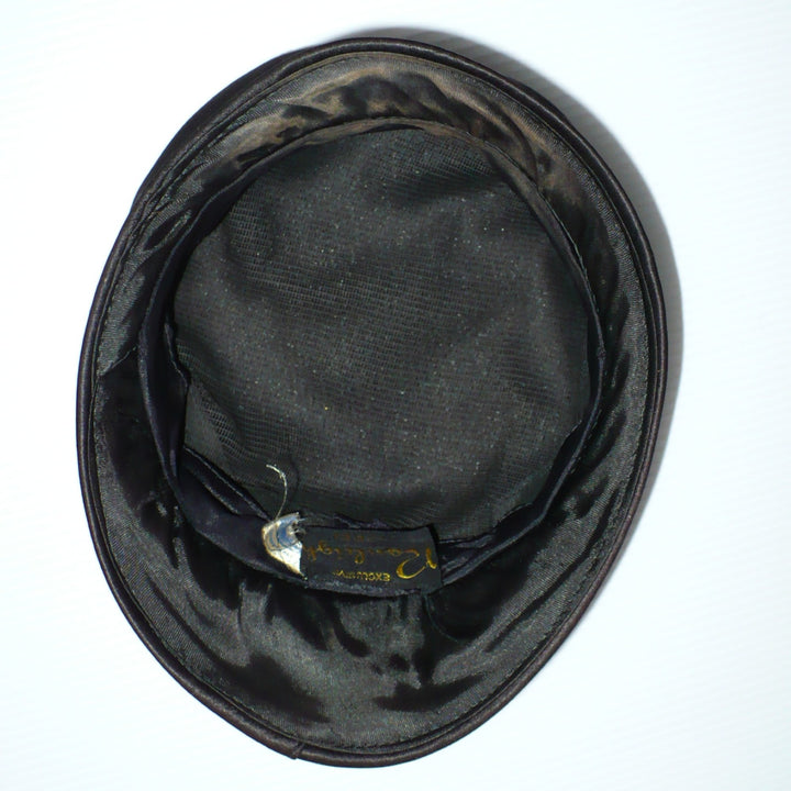 1942 Vintage Wartime Woman Black Satin Gay Newsboy Hat.
