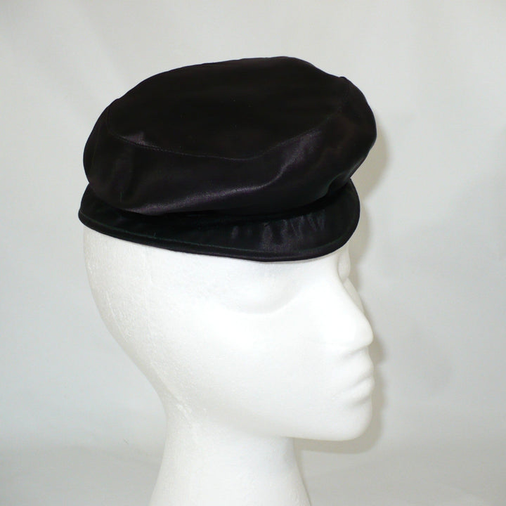 1942 Vintage Wartime Woman Black Satin Gay Newsboy Hat.