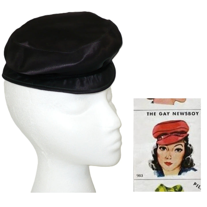1942 Vintage Wartime Woman Black Satin Gay Newsboy Hat.