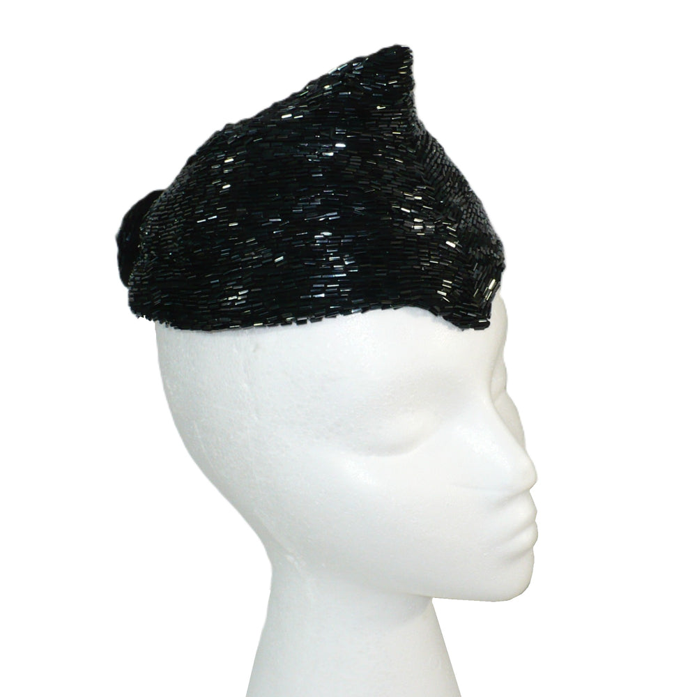 1950 Vintage Black Beaded Posh Pixie Hat, Bespoke Ladies Calot Hat.