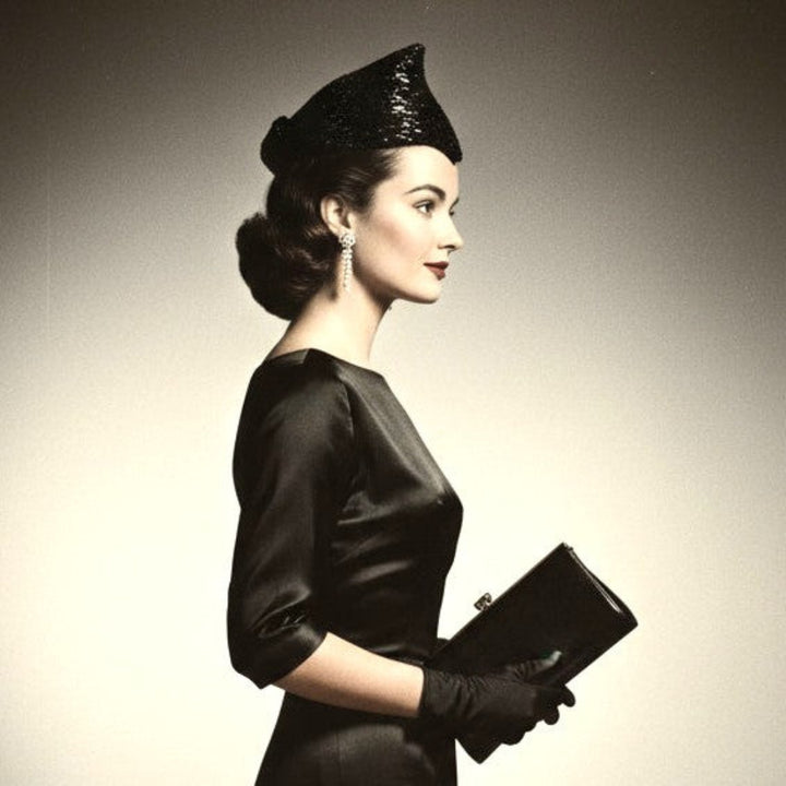 1950 Vintage Black Beaded Posh Pixie Hat, Bespoke Ladies Calot Hat on woman in dress.