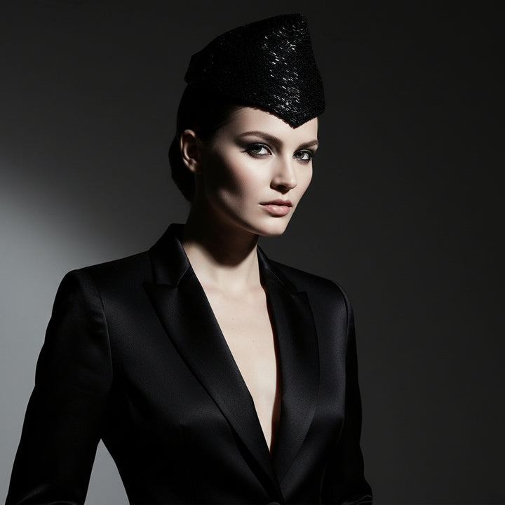 1950 Vintage Black Beaded Posh Pixie Hat, Bespoke Ladies Calot Hat.