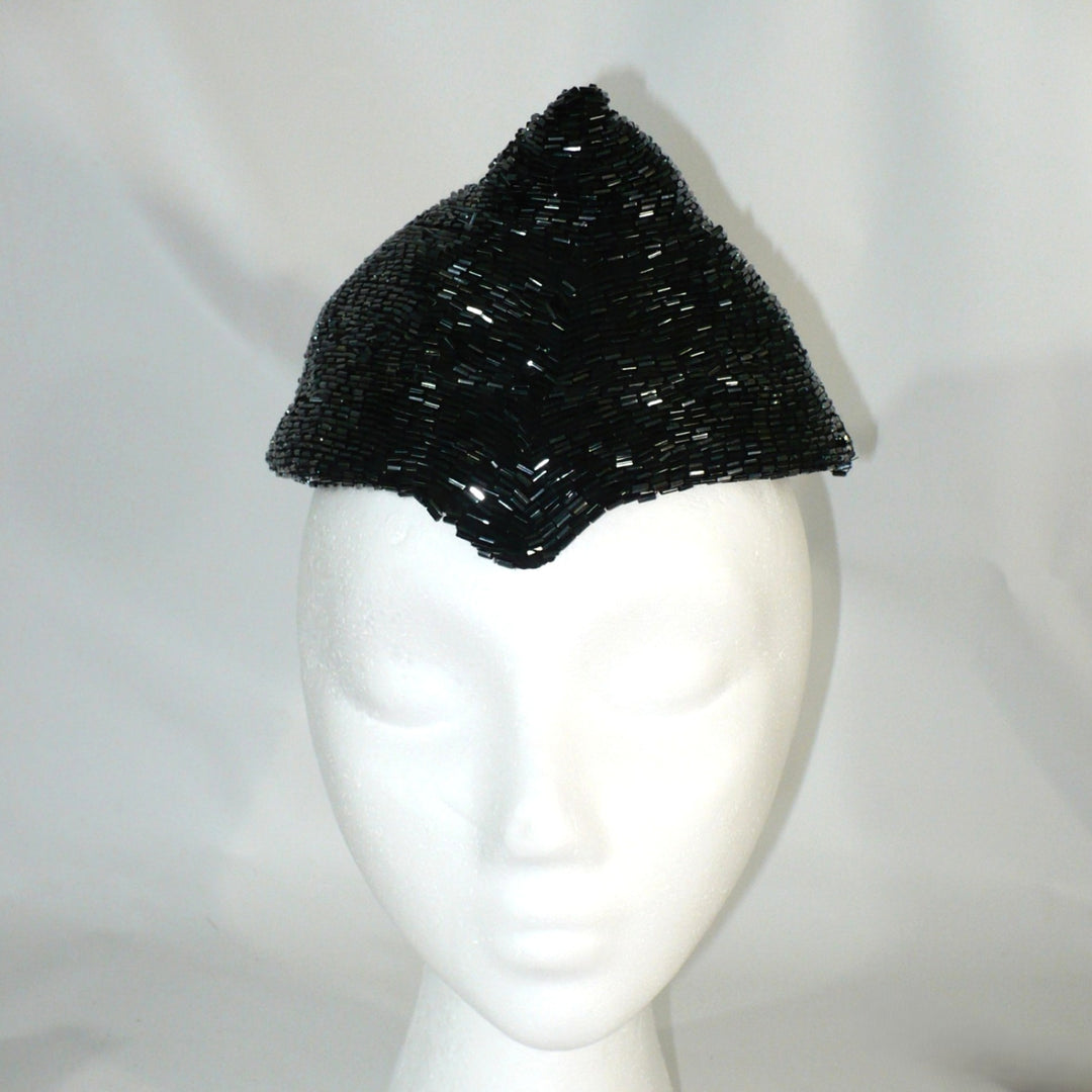 1950 Vintage Black Beaded Posh Pixie Hat, Bespoke Ladies Calot Hat.