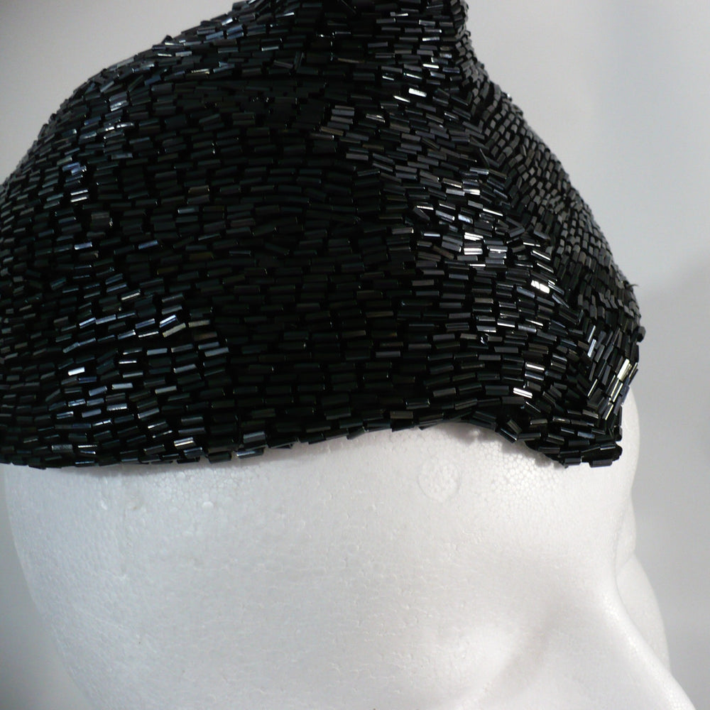 1950 Vintage Black Beaded Posh Pixie Hat, Bespoke Ladies Calot Hat.