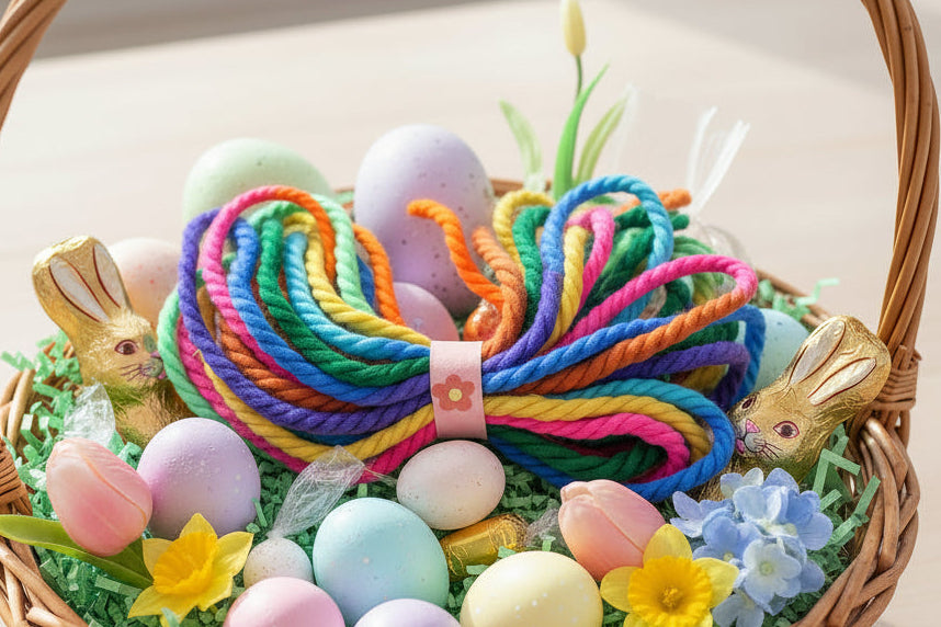 Easter basket with colorful eggs, vintage yarn hair ties, and decorative elements on a light background.