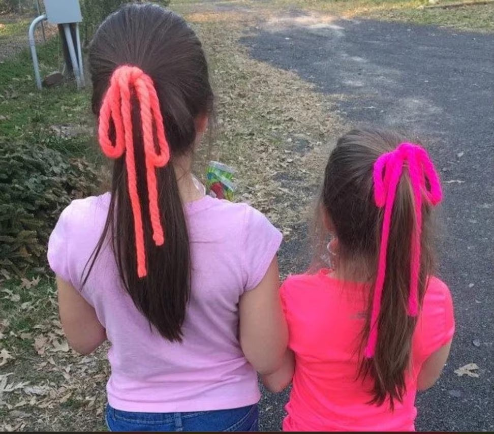 Vintage yarn headbands as ponytail ties.