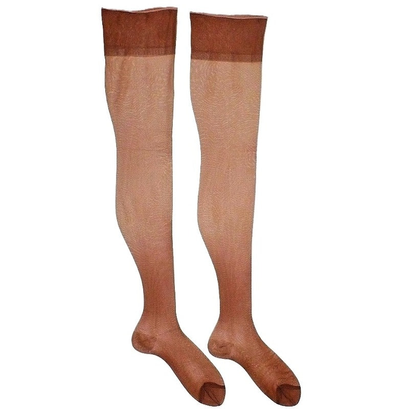 1950 Vintage Seamless Nylon Thigh High Walking Sheer Stockings  on white background.