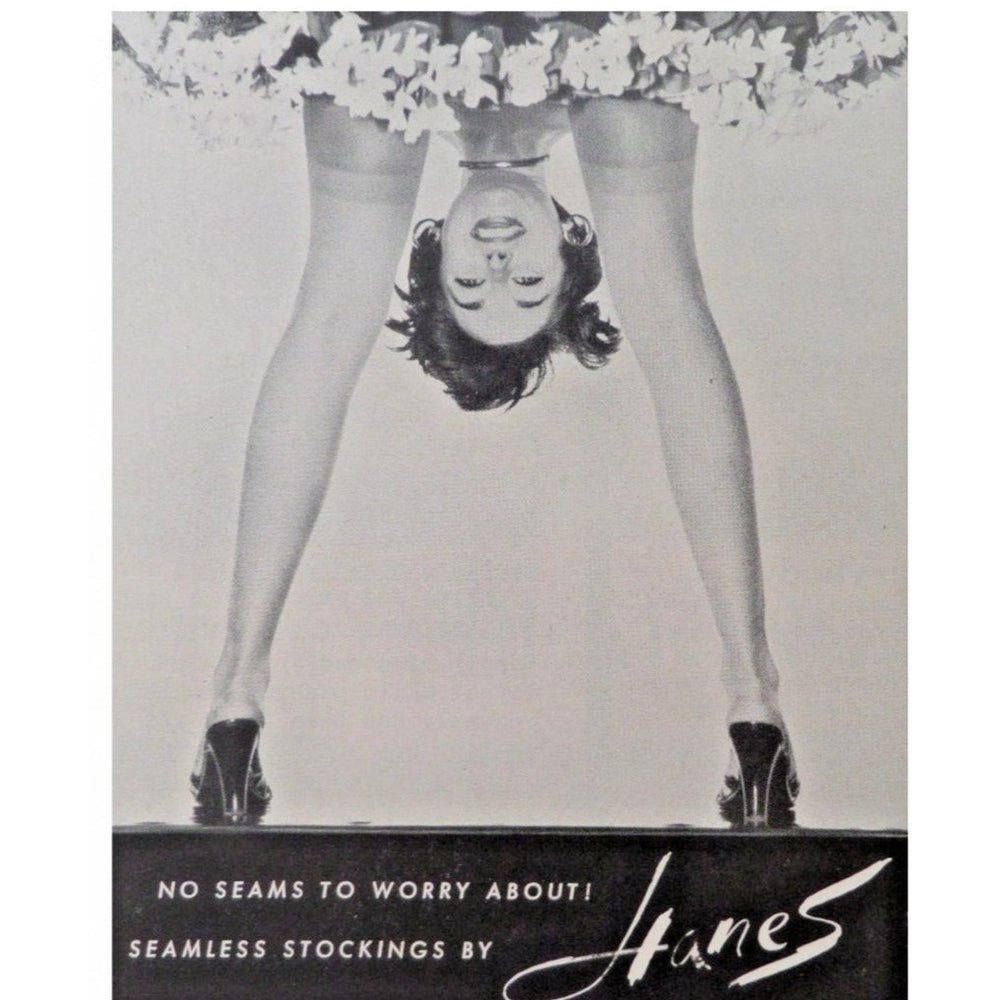 1950 Vintage Seamless Nylon Thigh High Walking Sheer Stockings Haynes ad for reference.