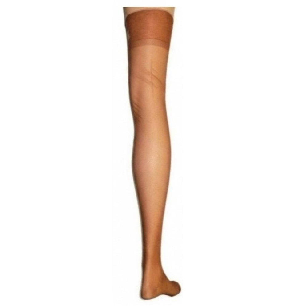 1950 Vintage Seamless Nylon Thigh High Walking Sheer Stockings  on mannequin leg with white background.