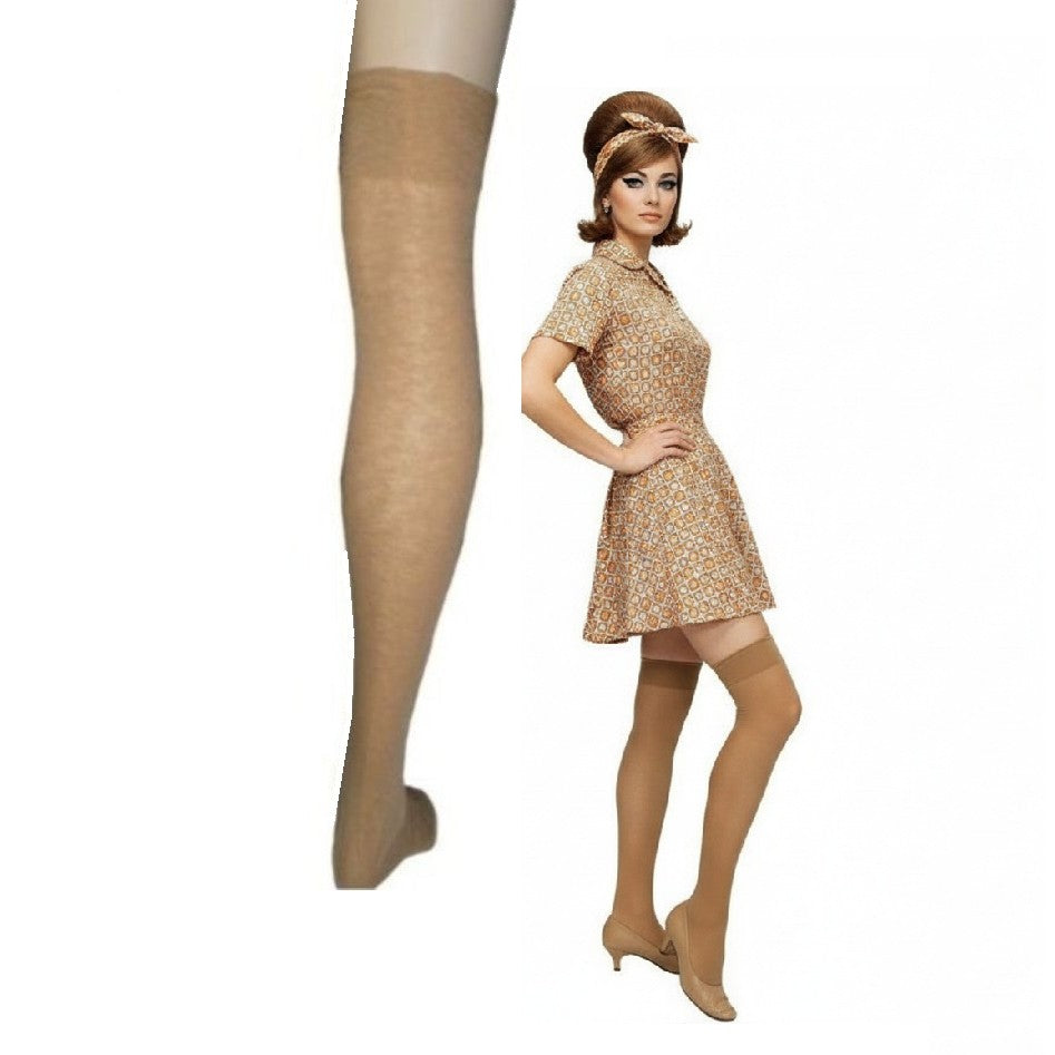 Woman wearing a vintage-style dress and stockings on a white background