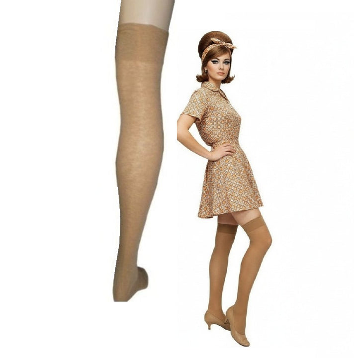 Woman wearing a vintage-style dress and stockings on a white background