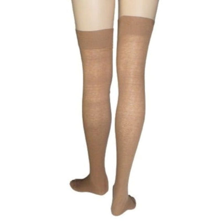 1940s Vintage Cotton Plus Size Thigh High Stockings  on a mannequin's legs.