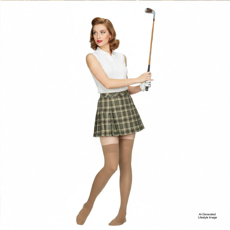 Vintage cotton thigh high stockings for activewear, Ai-generated model shows styling inspiration.
