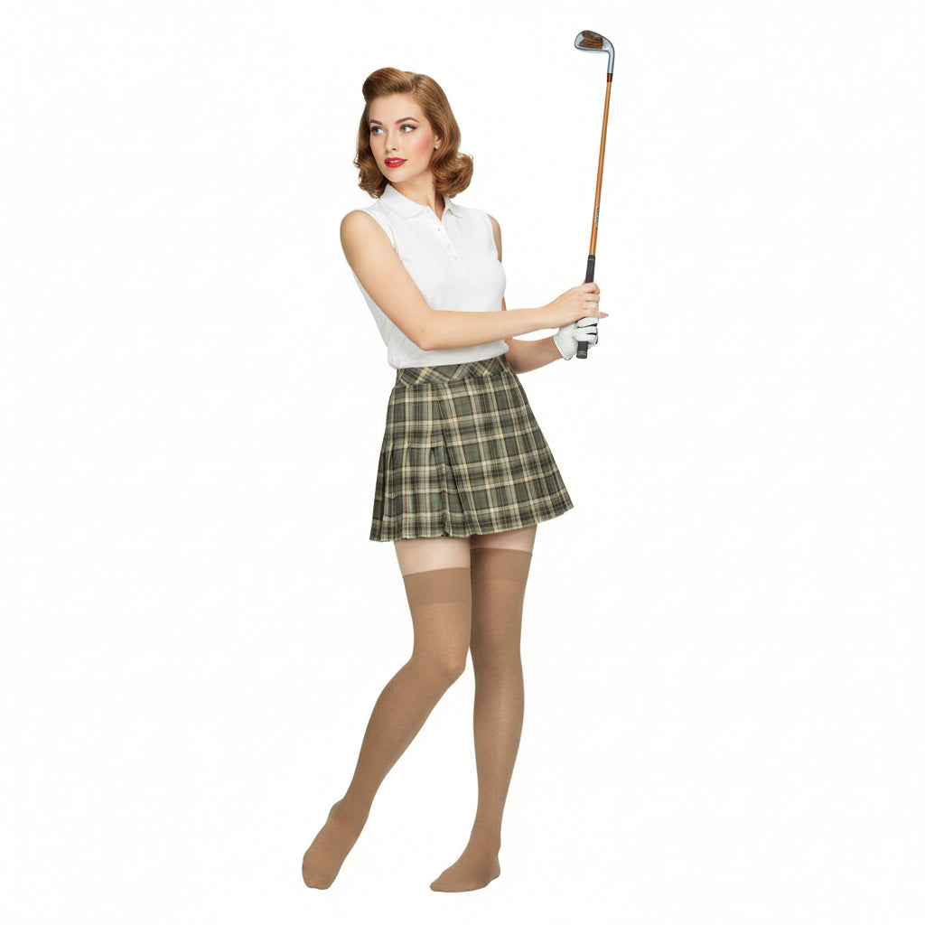 Model wearing vintage cotton thigh high stocking and golfing.
