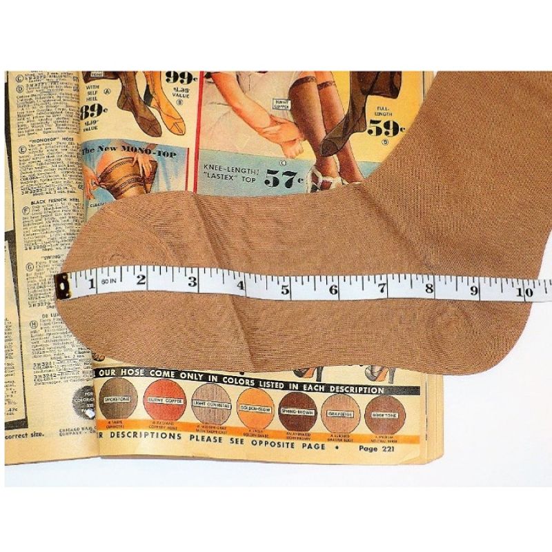 Thigh high stockings shows foot with measuring tape, placed on vintage catalog page verifying period color.