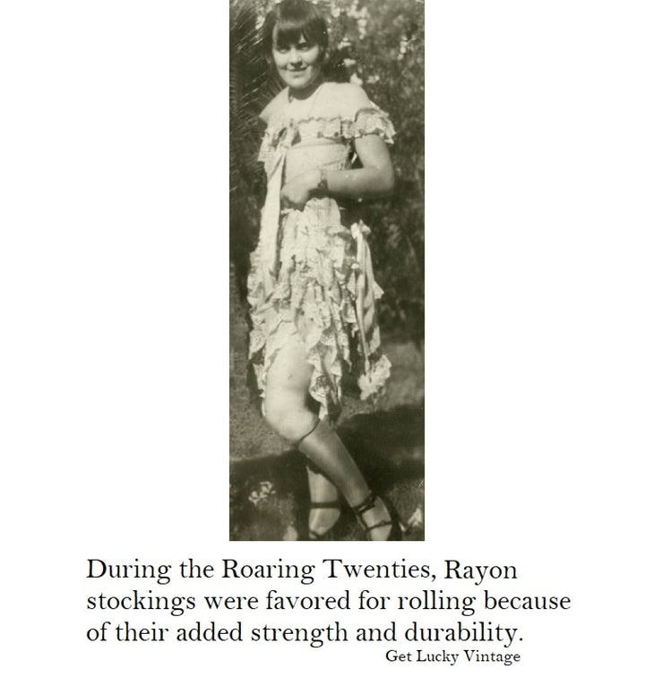 Vintage-style advertisement with a woman wearing ruffled stockings and text about Rayon stockings during the Roaring Twenties.