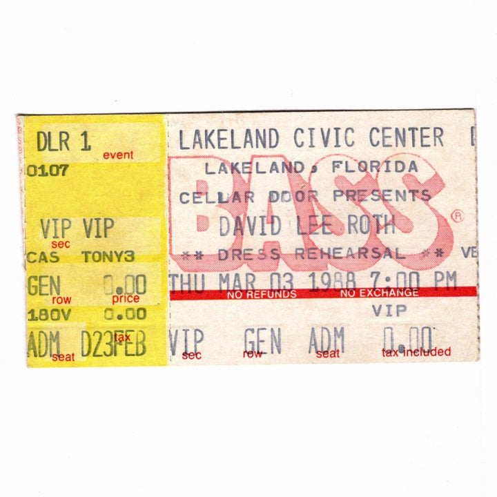 David Lee Roth Skyscraper Tour Dress Rehearsal Ticket March 3, 1988