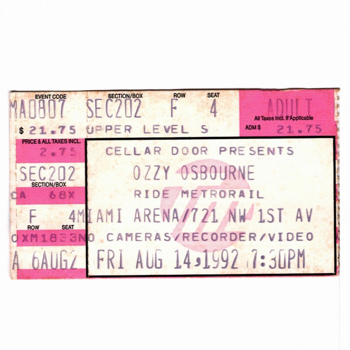 Ozzy Osbourne No More Tours Tour Ticket 1992
