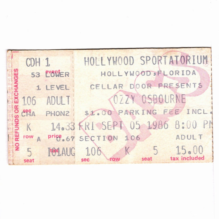 Ozzy Osbourne Ultimate Sin Tour Ticket 1986