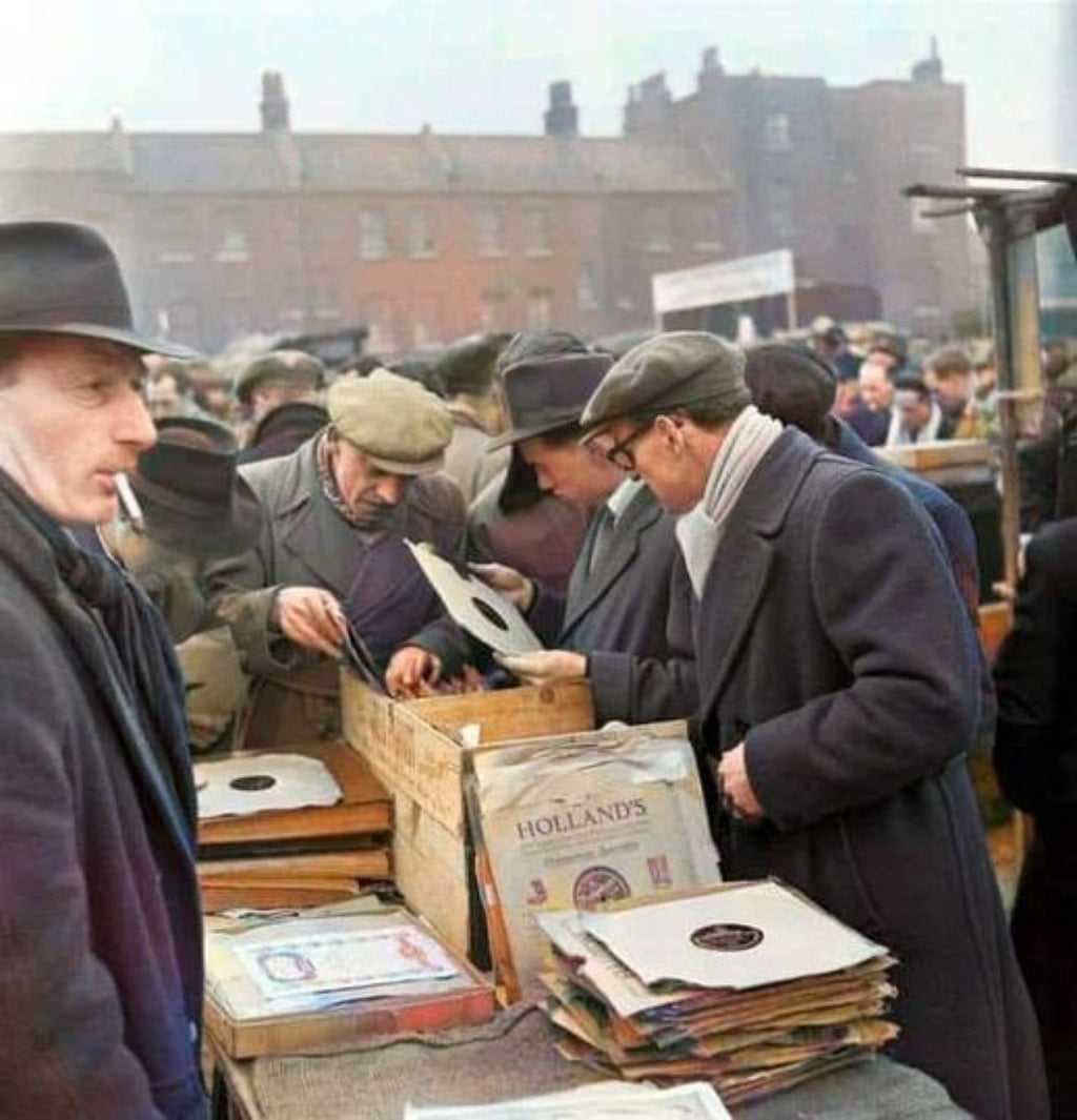 Frony page promo. Vintage scene of people browsing records at a market. 