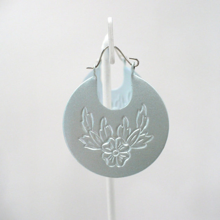 1970s Vintage Pastel Sage Green Floral Crescent Hoop Earrings (1 1/4 Inch)