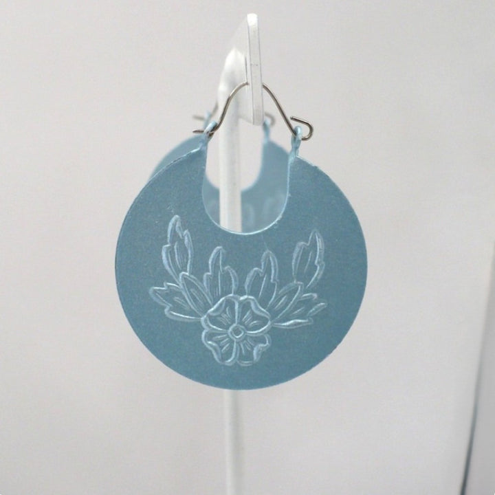 1970s Vintage Powder Blue Floral Crescent Hoop Earrings (1 1/4 Inch)