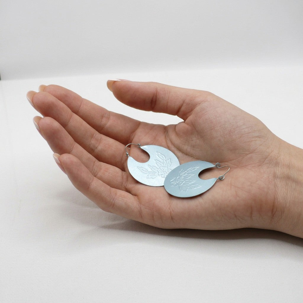 1970s Vintage Powder Blue Floral Crescent Hoop Earrings (1 1/4 Inch)