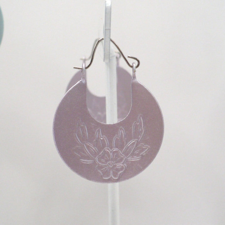 1970s Vintage Pale Lavender Floral Crescent Hoop Earrings (One Inch)