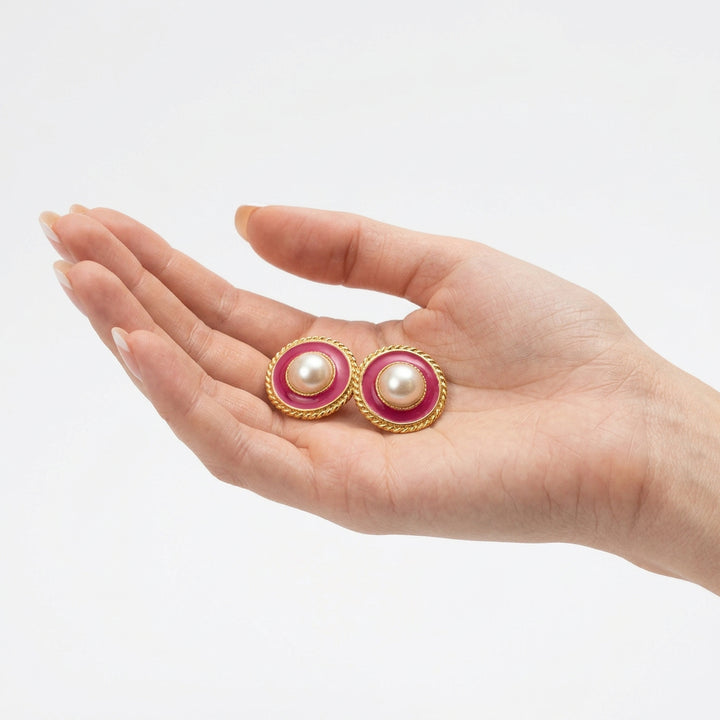 1980s Vintage Country Club Coquette Gold-Tone Pink-n-Pearl Fashion Earrings