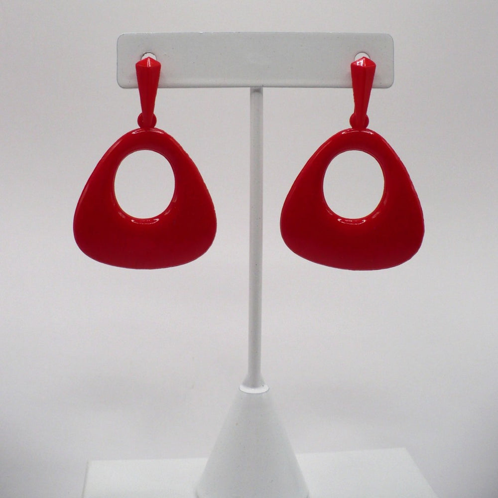 Retro 1980s pop art style red nylon dangle earrings for sensitive ears, 2 inches long, featuring a bold open-circle geometric design.