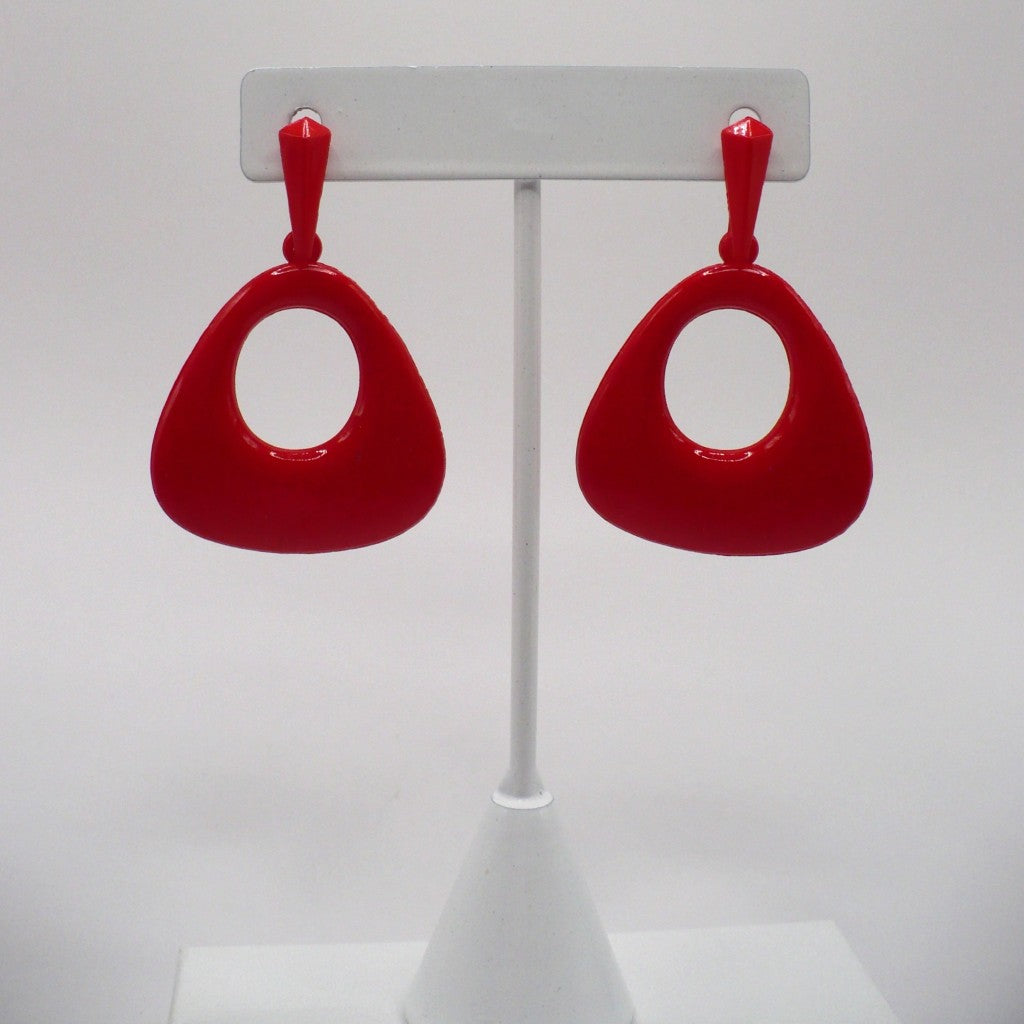 Retro 1980s pop art style red nylon dangle earrings for sensitive ears, 2 inches long, featuring a bold open-circle geometric design.